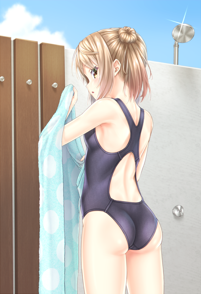 1girl alternate_costume ass bangs bare_shoulders blanket blush commentary_request competition_swimsuit cowboy_shot double_bun eyebrows_visible_through_hair gotou_hisashi hair_bun holding kantai_collection light_brown_hair looking_at_viewer michishio_(kantai_collection) one-piece_swimsuit open_mouth short_twintails solo standing swimsuit twintails yellow_eyes