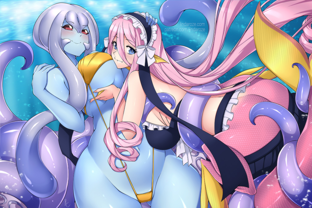 2girls alina_pegova bare_shoulders bikini black_bikini blue_eyes blush breast_grab breasts closed_mouth drill_hair eyebrows_visible_through_hair frilled_bikini frilled_hairband frills grabbing hair_between_eyes hairband head_fins large_breasts long_hair looking_at_viewer maid_bikini mermaid meroune_lorelei monster_girl monster_musume_no_iru_nichijou multiple_girls navel ocean oct_(monster_musume) parted_lips pink_hair pointy_ears red_eyes scylla smile swimsuit tail tentacles thong_bikini underwater water webbed_hands white_background yellow_bikini