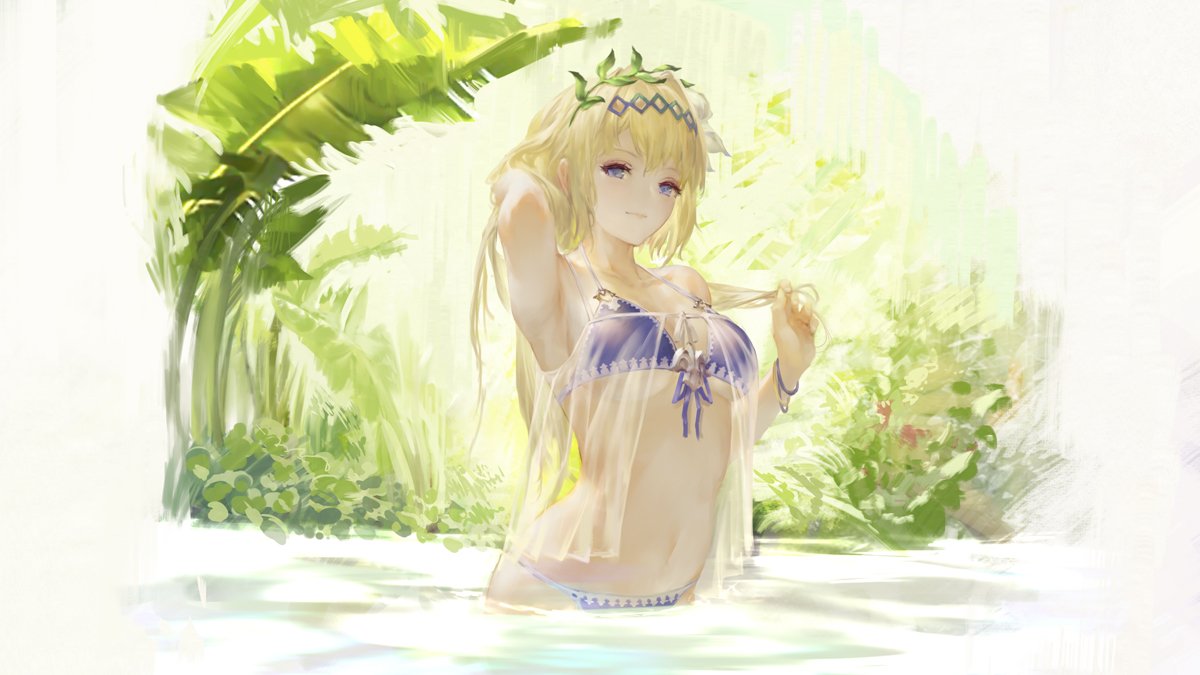 1girl adjusting_hair arm_up armpits babydoll bare_shoulders bikini blonde_hair blue_eyes bracelet branch collarbone front-tie_bikini front-tie_top granblue_fantasy hair_intakes hairband jeanne_d'arc_(granblue_fantasy) jewelry leaf long_hair n.a. navel purple_bikini see-through solo swimsuit wading