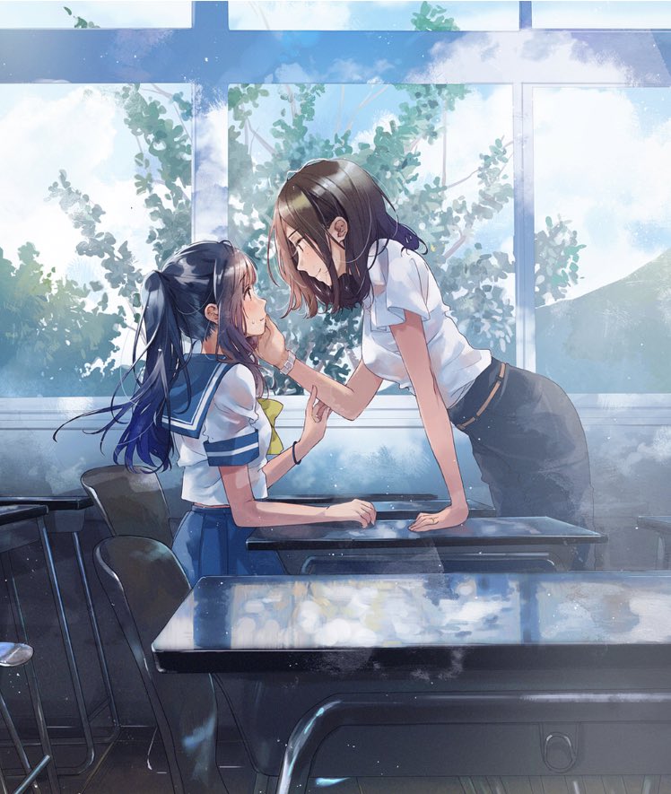 2girls blush chair cover eye_contact fly_(marguerite) hand_on_another's_cheek hand_on_another's_face long_hair looking_at_another multiple_girls ponytail reflection short_hair sitting smile standing student sunlight table teacher teacher_and_student tree watch window yuri