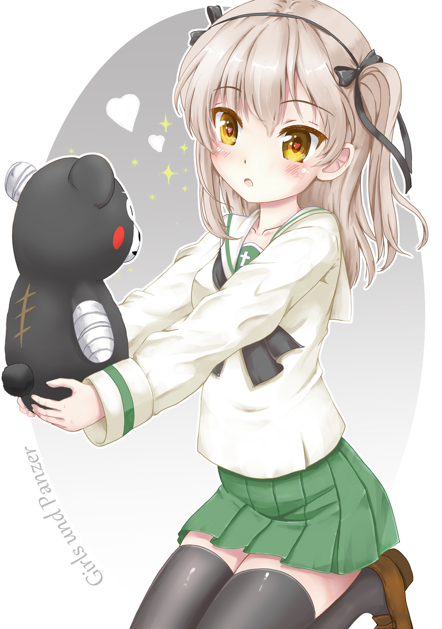 1girl :o alternate_costume alternate_eye_color bandages bangs black_legwear black_neckwear black_ribbon blouse blush brown_footwear commentary copyright_name eyebrows_visible_through_hair flipper girls_und_panzer green_skirt hair_ribbon heart heart-shaped_pupils highres holding kneeling kumamon light_brown_hair loafers long_hair long_sleeves miniskirt neckerchief one_side_up ooarai_school_uniform open_mouth pleated_skirt ribbon school_uniform serafuku shimada_arisu shoes skirt solo sparkle stuffed_animal stuffed_toy symbol-shaped_pupils teddy_bear thigh-highs white_blouse yellow_eyes