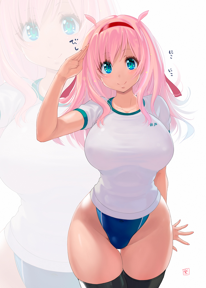 1girl blue_eyes blush breasts closed_mouth competition_swimsuit covered_nipples gym_uniform highleg highleg_swimsuit large_breasts long_hair looking_at_viewer murasaki_nyaa one-piece_swimsuit original pink_hair salute smile solo standing swimsuit thigh-highs uniform wavy_hair zoom_layer