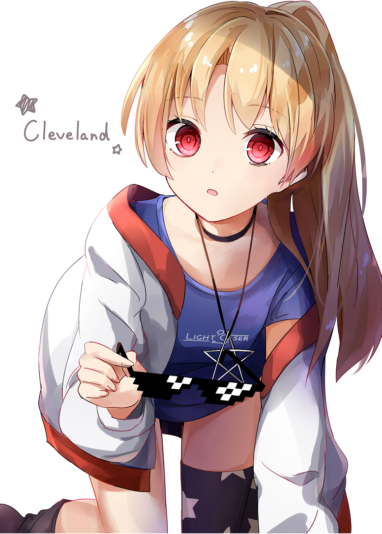 1girl aa_(sin2324) all_fours azur_lane bangs black_choker black_legwear blonde_hair blue_shirt character_name choker cleveland_(azur_lane) clothes_writing commentary_request deal_with_it english_text eyebrows_visible_through_hair eyewear_removed fingernails high_ponytail holding holding_eyewear jacket long_hair long_sleeves looking_at_viewer off_shoulder open_clothes open_jacket parted_lips pentagram ponytail print_legwear red_eyes shirt short_sleeves simple_background solo star star_print thigh-highs thighhighs_pull white_background white_jacket