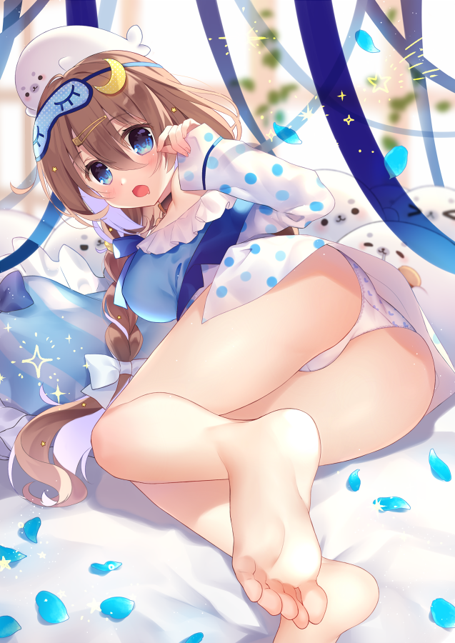 1girl animal ass bangs bare_legs bare_shoulders barefoot blue_bow blue_camisole blue_eyes blue_ribbon blush bow braid breasts brown_hair chihiro_(khorosho) commentary_request copyright_request crescent crescent_hair_ornament drooling eyebrows_visible_through_hair feet fingernails frilled_pillow frills hair_between_eyes hair_bow hair_ornament heart heart_panties heart_print jacket large_breasts long_hair long_sleeves mask mask_on_head mouth_drool open_clothes open_jacket open_mouth panties petals pillow polka_dot polka_dot_jacket print_panties ribbon seal sleep_mask sleeves_past_wrists soles solo star toes underwear very_long_hair virtual_youtuber white_bow white_jacket white_panties