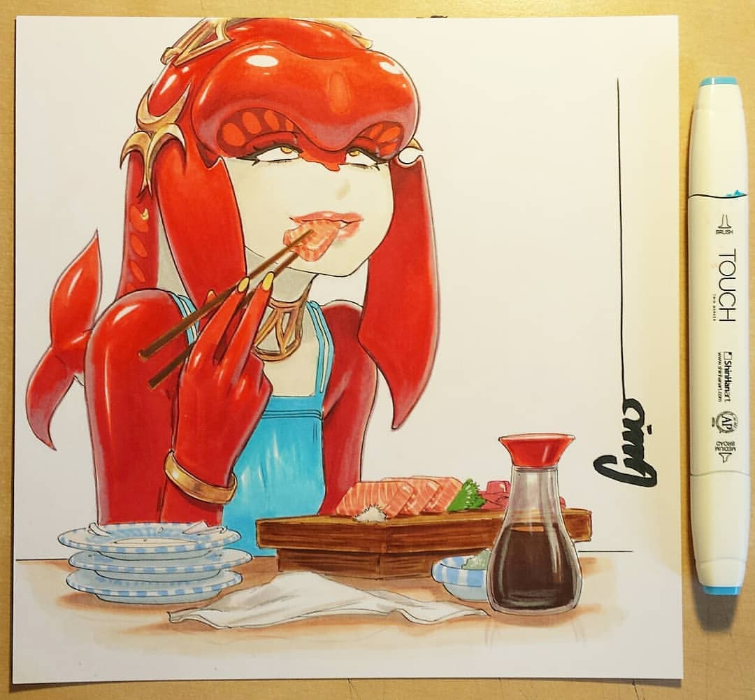 1girl blue_dress bracelet breasts chopsticks dress eating fish_girl food head_fins jewelry lips long_hair marker_(medium) mipha multicolored multicolored_skin neck_ring no_eyebrows omar_dogan photo red_skin rolling_eyes sashimi signature small_breasts solo soy_sauce the_legend_of_zelda the_legend_of_zelda:_breath_of_the_wild traditional_media tuna white_skin yellow_eyes zora