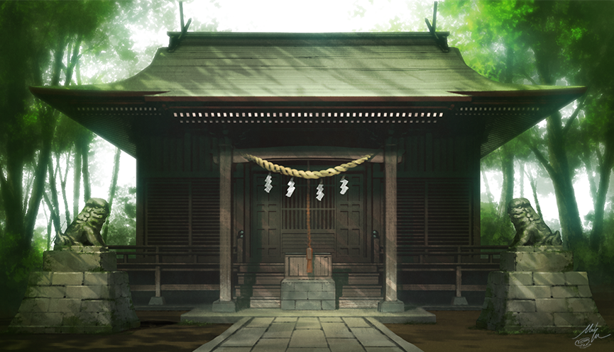 architecture backlighting day east_asian_architecture forest lion mocha_(cotton) nature no_humans original outdoors path road rope scenery shide shimenawa shrine signature statue tree