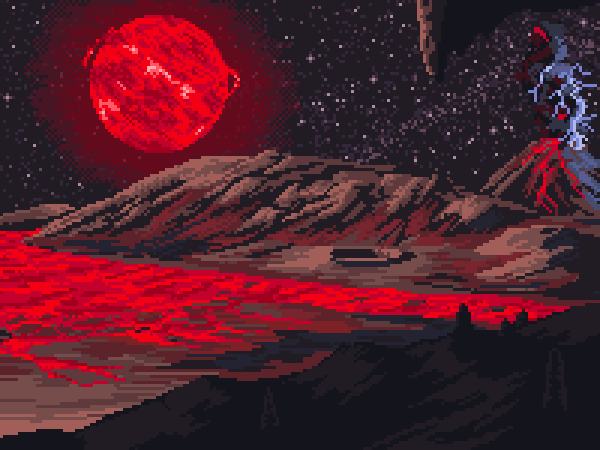 crater kldpxl molten_rock mountain no_humans original pixel_art red_sun scenery sky smog space star_(sky) starry_sky volcano