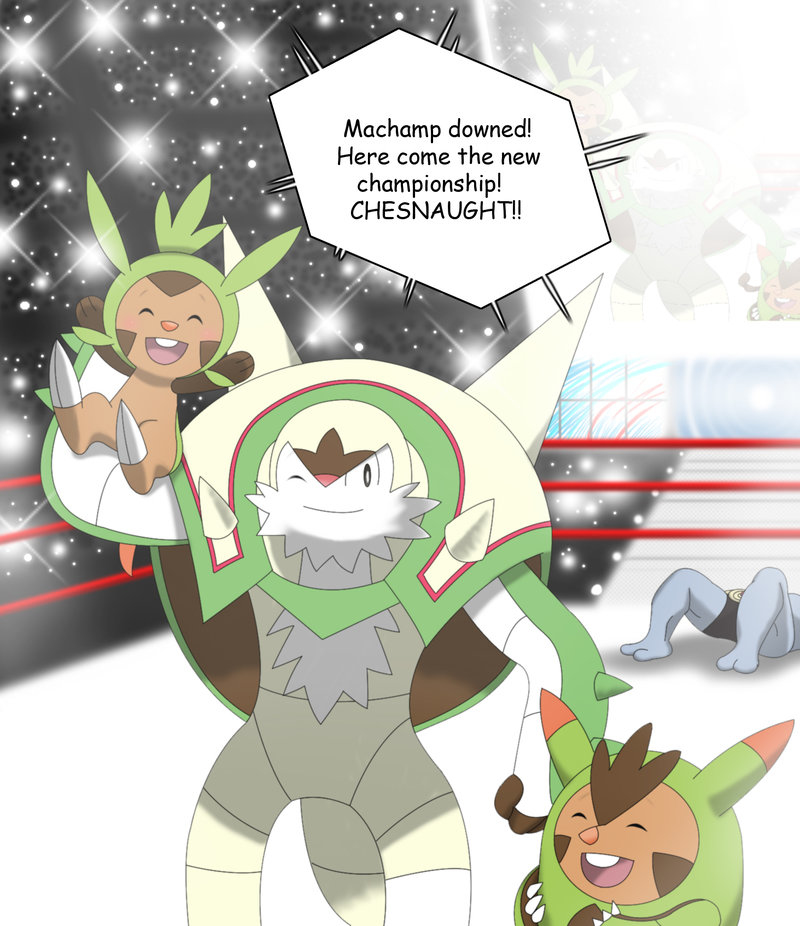 armor boxing_ring carrying_over_shoulder chesnaught chespin closed_eyes lights machamp no_humans one_eye_closed pokemon pokemon_(creature) pokemon_xy quilladin smile spikes television_screen winick-lim wrestling_ring