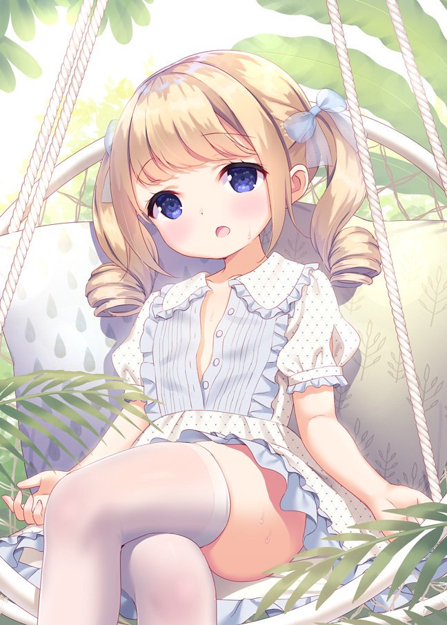 1girl :o bangs blue_bow blue_eyes blush bow chitosezaka_suzu collarbone collared_dress commentary_request crossed_legs dress eyebrows_visible_through_hair frilled_dress frilled_shirt_collar frilled_sleeves frills hair_bow head_tilt light_brown_hair long_hair looking_at_viewer open_clothes open_dress open_mouth original puffy_short_sleeves puffy_sleeves ringlets see-through short_sleeves sidelocks sitting solo thigh-highs twintails unbuttoned white_dress white_legwear