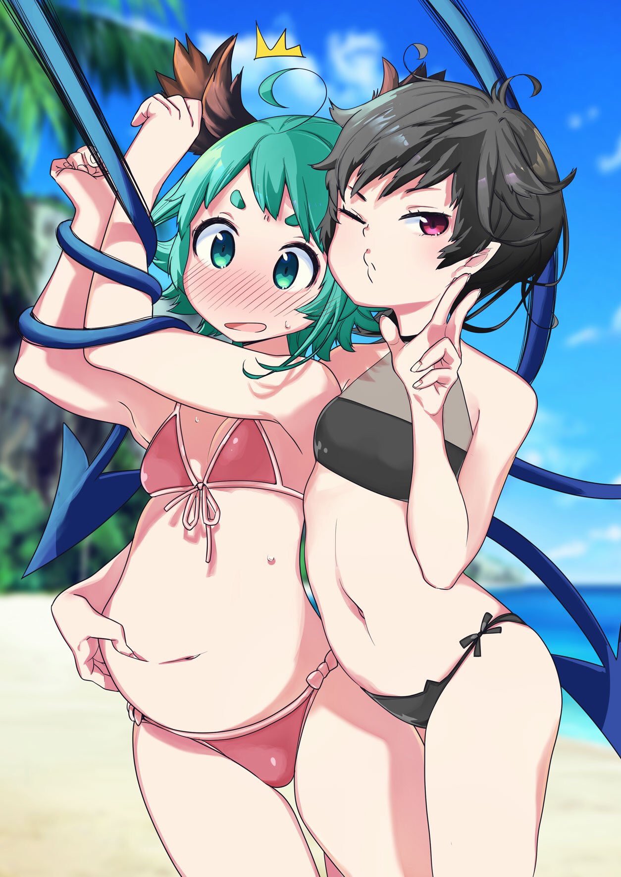 /\/\/\ 2girls ahoge animal_ears arms_up bandeau bare_arms bare_shoulders beach bikini black_bikini black_hair blue_sky blue_wings blurry blurry_background blush bound bound_legs breasts clouds commentary_request cowboy_shot day front-tie_bikini front-tie_top green_eyes green_hair hand_up highres houjuu_nue kasodani_kyouko looking_at_viewer multiple_girls namauni navel no_nose nose_blush o3o ocean one_eye_closed open_mouth outdoors palm_tree pink_bikini plump pointy_ears red_eyes short_hair side-tie_bikini sky small_breasts standing stomach sweat swimsuit thick_eyebrows thighs touhou tree w wings