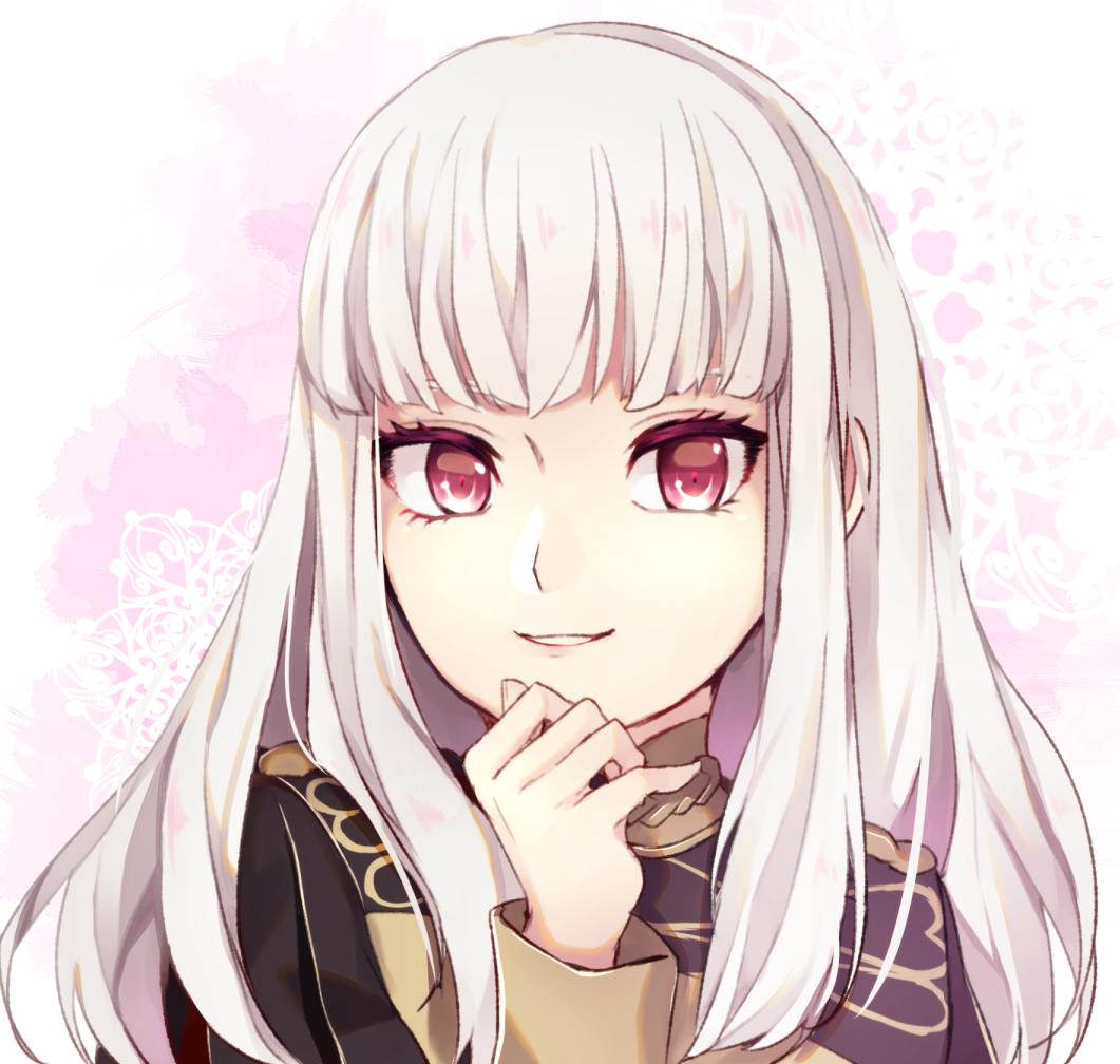 1girl artist_request bangs blush epaulettes fire_emblem fire_emblem:_three_houses jacket long_hair long_sleeves looking_at_viewer lysithea_von_cordelia open_mouth pink_eyes simple_background smile solo uniform upper_body violet_eyes white_hair