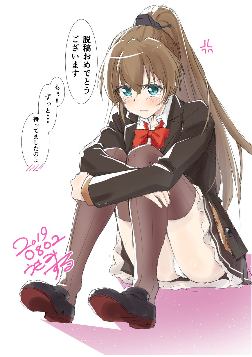 1girl anger_vein blue_eyes brown_hair brown_legwear brown_skirt cardigan commentary_request dated full_body high_ponytail highres kantai_collection kumano_(kantai_collection) long_hair orange_cardigan panties pantyshot pantyshot_(sitting) pleated_skirt ponytail remodel_(kantai_collection) school_uniform shadow signature simple_background sitting skirt solo translated underwear usami_(50-point_caliper) white_background white_panties