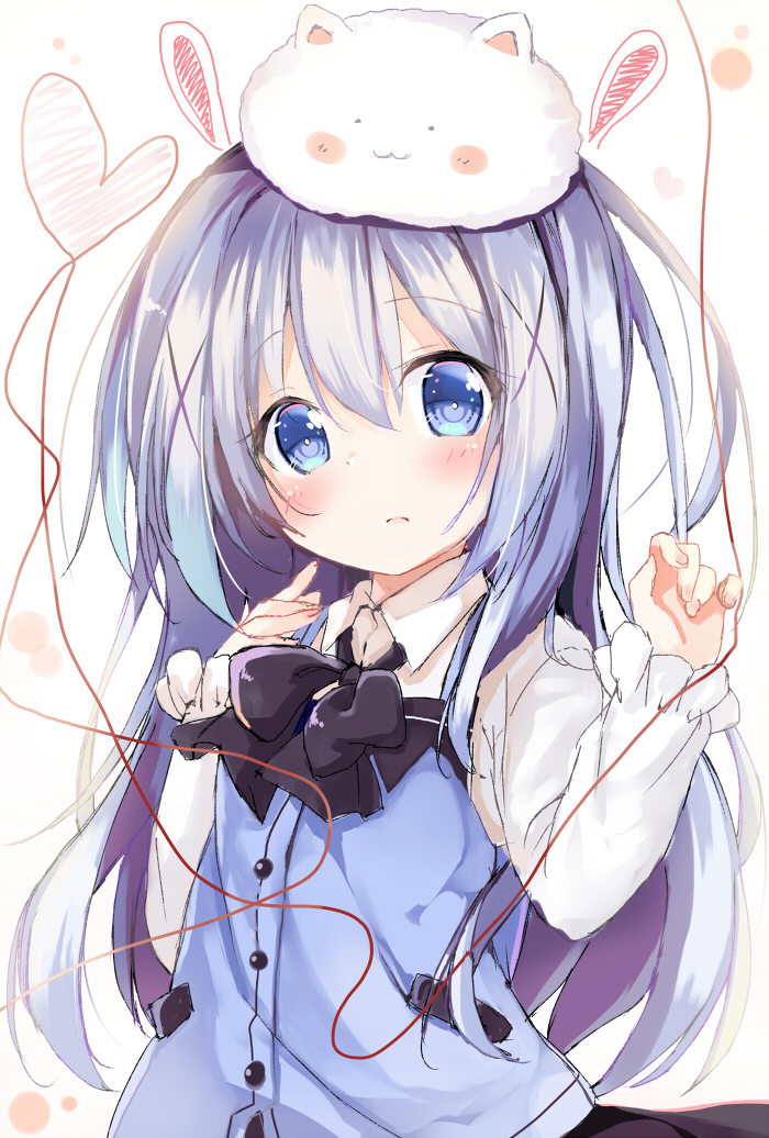 1girl angora_rabbit animal animal_on_head bangs black_bow black_skirt blue_eyes blue_hair blue_vest blush bow closed_mouth collared_shirt commentary_request eyebrows_visible_through_hair fingernails gochuumon_wa_usagi_desu_ka? hair_between_eyes hair_ornament hands_up heart kafuu_chino long_hair long_sleeves looking_at_viewer neko_pan on_head rabbit rabbit_house_uniform shirt skirt sleeves_past_wrists tippy_(gochiusa) uniform very_long_hair vest waitress white_background white_shirt x_hair_ornament