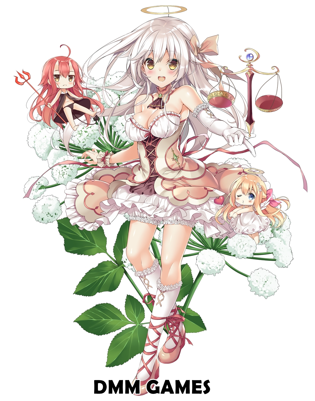 1girl ahoge angel_wings angelica_(flower_knight_girl) bangs black_panties blonde_hair blown_kiss bow breasts copyright_name dress floral_background flower_knight_girl frilled_skirt frills full_body gloves hair_bow halo highres horns long_hair looking_at_viewer navel object_namesake official_art one_eye_closed panties pikomint pink_bow pitchfork redhead scales skirt sleeveless standing underwear white_background white_gloves white_hair wings yellow_eyes
