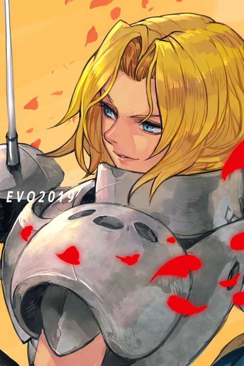 1girl armor black_gloves blonde_hair blue_eyes breastplate charlotte_christine_de_colde elbow_gloves gloves hankuri long_hair pauldrons rapier samurai_spirits simple_background smile snk solo sword weapon