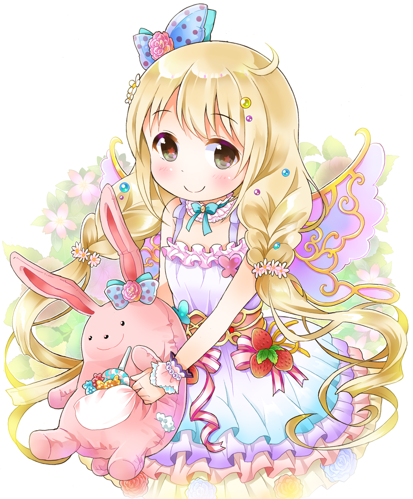 1girl aqua_bow bangs bare_shoulders blue_flower blue_rose blush bow braid brown_eyes candy closed_mouth dress eyebrows_visible_through_hair flat_chest flower food frilled_dress frills fruit futaba_anzu hair_bow hair_flower hair_ornament happy holding idolmaster idolmaster_cinderella_girls idolmaster_cinderella_girls_starlight_stage lollipop long_hair looking_at_viewer multicolored multicolored_clothes multicolored_dress pink_flower pink_ribbon polka_dot ratryu red_flower red_rose ribbon rose shiny shiny_hair sleeveless sleeveless_dress smile solo standing star star_in_eye strawberry stuffed_animal stuffed_bunny stuffed_toy symbol_in_eye tied_hair twin_braids twintails very_long_hair white_background white_flower wings