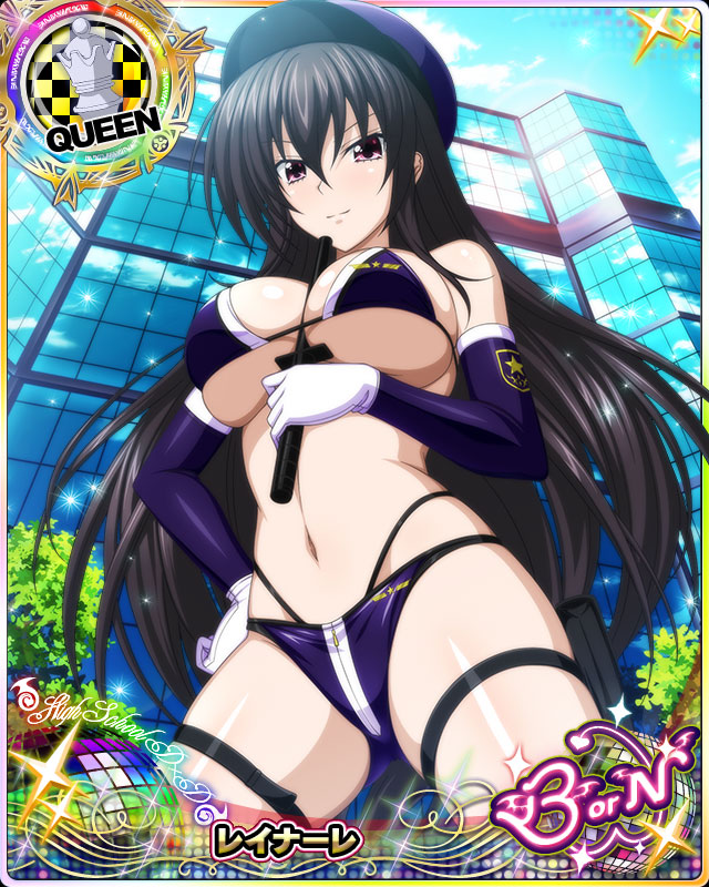 1girl baton bikini black_hair breasts card_(medium) character_name chess_piece gloves hat high_school_dxd high_school_dxd_born large_breasts long_hair looking_at_viewer naughty_face navel official_art outdoors pink_eyes police police_hat police_uniform policewoman queen_(chess) raynare smile solo swimsuit trading_card uniform very_long_hair