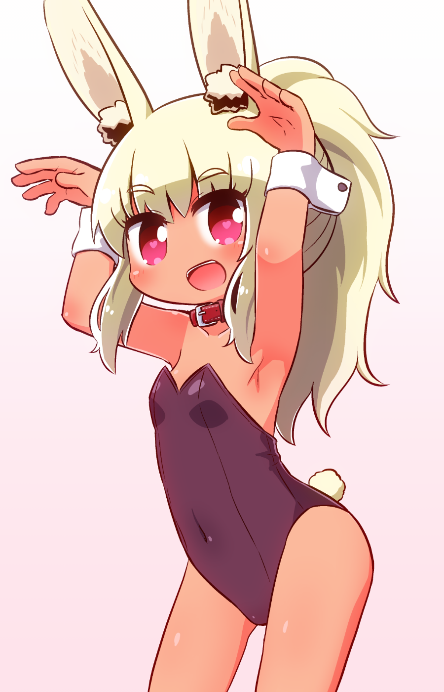 1girl animal_ear_fluff animal_ears armpits arms_up ass_visible_through_thighs bangs bare_shoulders breasts bunny_girl bunny_pose bunny_tail bunnysuit collar collarbone covered_navel eyebrows_visible_through_hair gradient gradient_background heart heart-shaped_pupils high_ponytail highres leotard light_brown_hair long_hair masurao_(sekaiju) naga_u pink_background ponytail purple_leotard rabbit_ears red_collar red_eyes sekaiju_no_meikyuu sekaiju_no_meikyuu_5 sidelocks small_breasts solo strapless strapless_leotard symbol-shaped_pupils tail thick_eyebrows white_background wrist_cuffs
