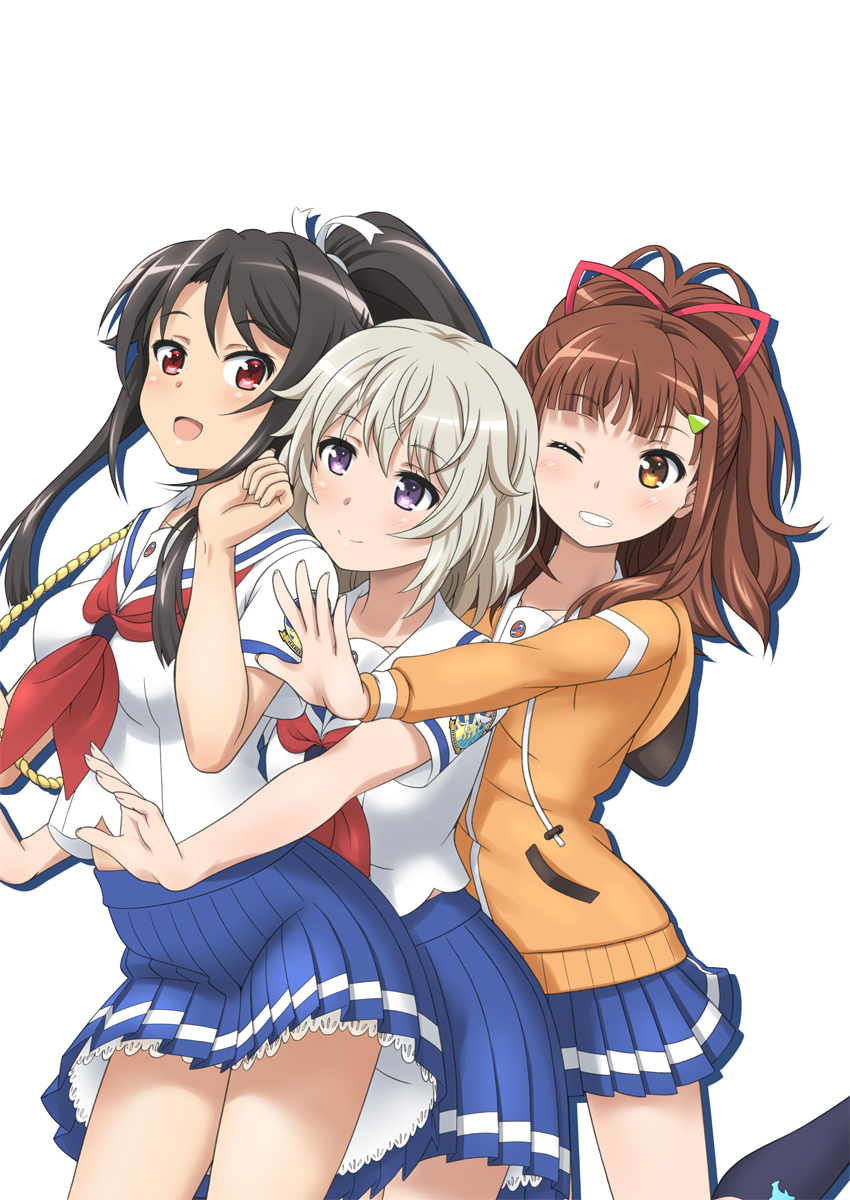 3girls badge black_hair blue_skirt brown_eyes brown_hair commentary_request cowboy_shot hair_ribbon high_school_fleet highres hiraizumi_(mugenkidousha) hood hooded_jacket hoodie hug hug_from_behind irizaki_mei jacket long_hair matching_outfit multiple_girls neckerchief open_mouth orange_jacket pleated_skirt ponytail red_eyes red_neckwear red_ribbon ribbon sailor_collar school_uniform serafuku short_hair short_sleeves silver_hair simple_background skirt tateishi_shima violet_eyes white_background white_sailor_collar yanagiwara_maron yokosuka_girls_marine_high_school_uniform