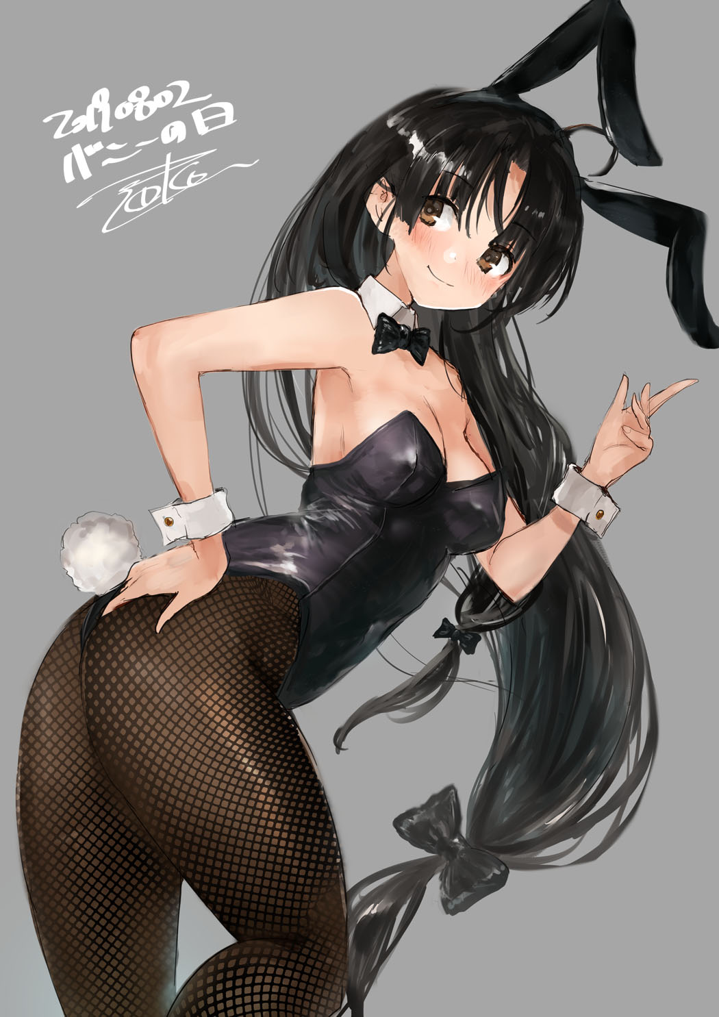 1girl alternate_costume animal_ears ass black_bow black_hair blush bow breasts brown_eyes bunny_girl bunny_tail bunnysuit closed_mouth dated fishnet_pantyhose fishnets grey_background hair_bow highres kantai_collection long_hair pantyhose rabbit_ears shouhou_(kantai_collection) simple_background small_breasts smile solo tail toka_(marchlizard) very_long_hair