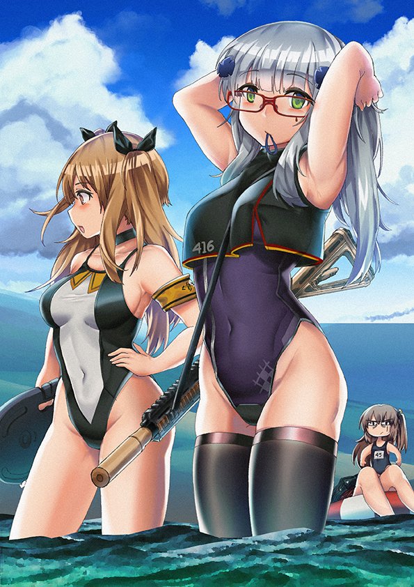 404_(girls_frontline) 404_logo_(girls_frontline) 4girls armband artist_request assault_rifle beach breast_envy g11_(girls_frontline) girls_frontline glasses gun h&amp;k_hk416 hk416_(girls_frontline) jealous multiple_girls navel one-piece_swimsuit rifle siblings sisters suppressor swimsuit thigh-highs twins twintails ump45_(girls_frontline) ump9_(girls_frontline) wading water weapon