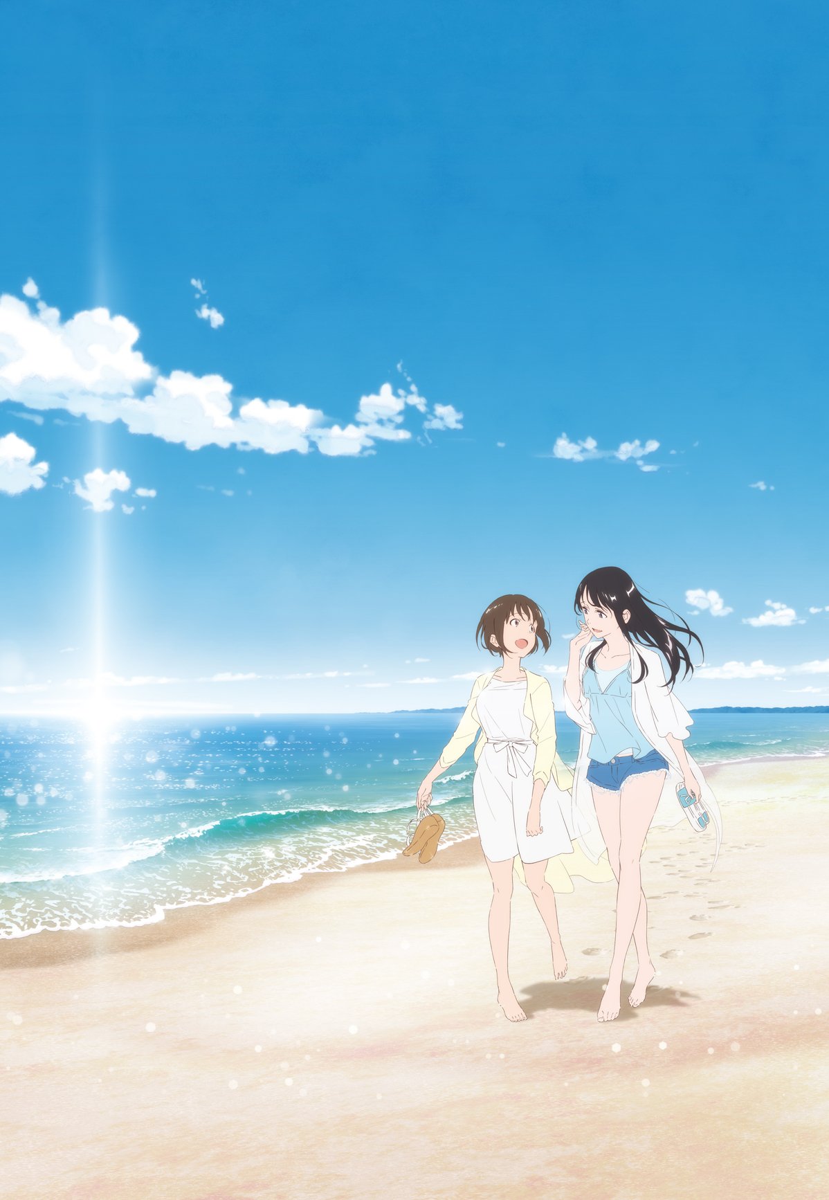 2girls barefoot beach black_hair brown_hair clouds eye_contact footprints fragtime highres key_visual long_hair looking_at_another moritani_misuzu multiple_girls murakami_haruka ocean official_art shadow shoes_on_hands shoes_removed short_hair sky slippers slippers_removed sun sunlight walking wind