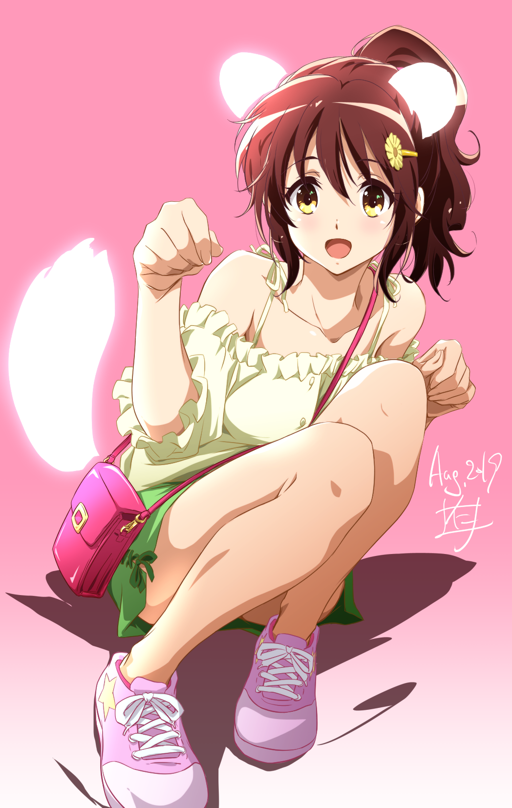1girl animal_ears bag bare_shoulders brown_hair casual collarbone commentary_request dated flower green_skirt hair_flower hair_ornament hairclip handbag hibike!_euphonium high_ponytail highres looking_at_viewer medium_hair miniskirt nii_manabu open_clothes oumae_kumiko pink_background pink_footwear shoes signature skirt sneakers solo spaghetti_strap squatting tail yellow_eyes