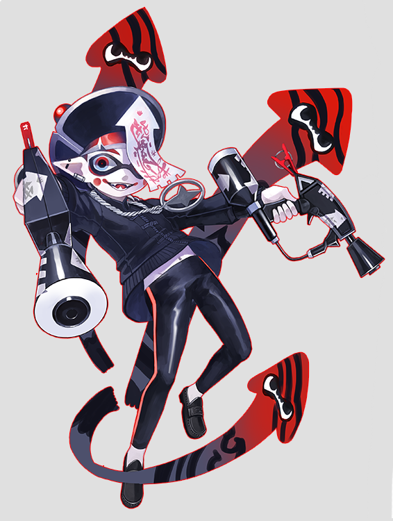 1boy black_footwear black_legwear dual_wielding earrings gun h@ruichi hat holding holding_gun holding_weapon inkling jewelry jiangshi navel necklace pale_skin red_eyes sharp_teeth smile solo splatoon_(series) splatoon_2 sticker teeth weapon