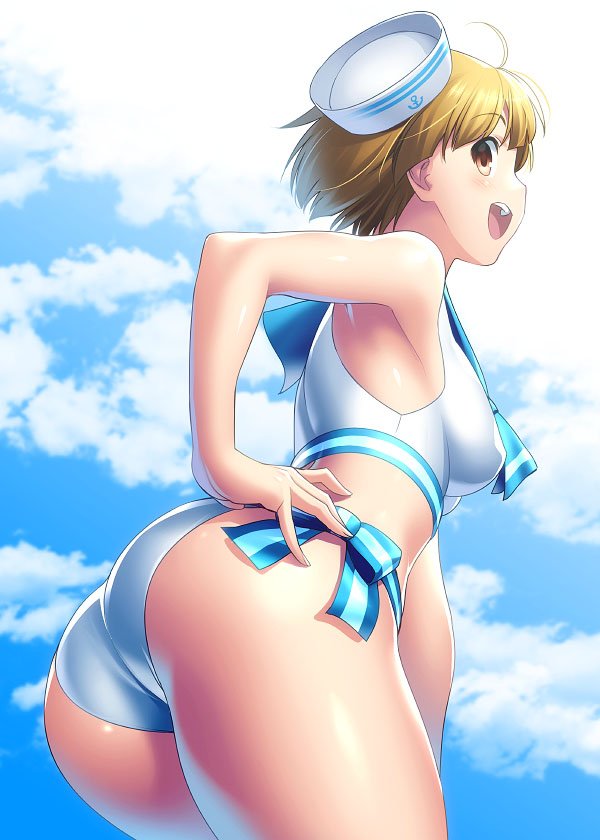 1girl ass bikini blonde_hair blue_sailor_collar blue_sky brown_eyes clouds commentary_request cowboy_shot dixie_cup_hat from_behind fukuda_noriko hand_on_hip hat idolmaster idolmaster_million_live! looking_at_viewer looking_back military_hat sailor_bikini sailor_collar sailor_hat sailor_swimsuit_(idolmaster) short_hair side-tie_bikini sky solo swimsuit zen