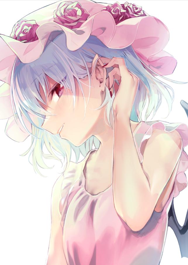 1girl bangs bare_arms bare_shoulders bat_wings blue_hair commentary eyebrows_visible_through_hair flower grin hair_between_eyes hand_up hat hat_flower head_tilt looking_at_viewer mob_cap nail_polish parted_lips pink_headwear pink_shirt pointy_ears profile purple_flower purple_rose red_eyes red_nails remilia_scarlet rose shirt short_hair simple_background sleeveless sleeveless_shirt smile solo touhou tsurime upper_body white_background wings yuki_(popopo)