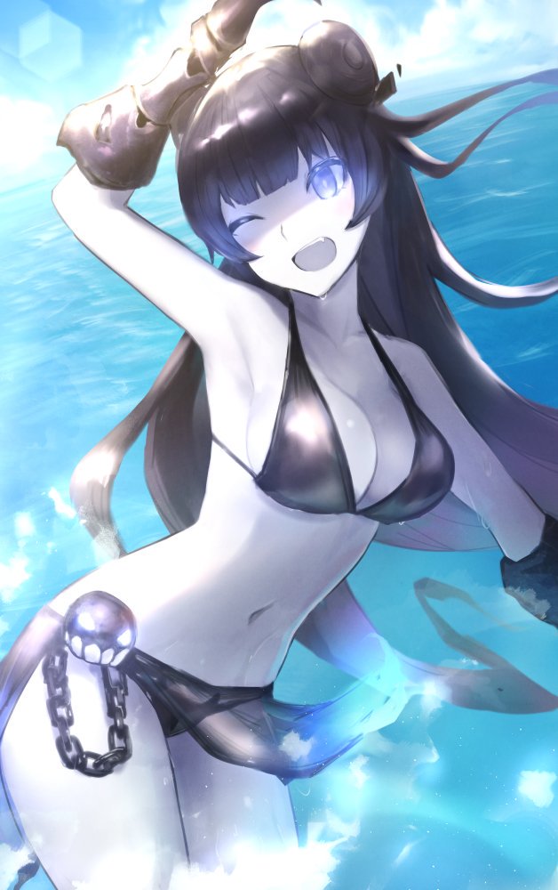 1girl bangs bikini bikini_bottom bikini_top black_bikini black_bikini_bottom black_bikini_top black_gloves black_hair breasts chain double_bun fang gauntlets gloves glowing glowing_eyes kantai_collection lens_flare light_cruiser_oni long_hair medium_breasts navel ocean one_eye_closed open_mouth pale_skin shaded_face shinkaisei-kan shiny shiny_clothes sidelocks smile solo standing standing_on_liquid sunlight swimsuit weasel_(close-to-the-edge) wet wet_clothes white_skin