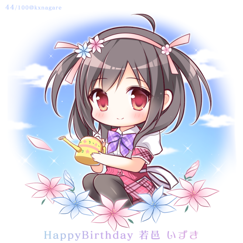 1girl ahoge black_hair black_legwear blue_flower blue_sky blush bow character_name chibi closed_mouth clouds collared_shirt commentary_request day dress_shirt flower hair_flower hair_ornament hairband hanairo_heptagram happy_birthday holding pantyhose pink_flower pink_hairband plaid plaid_bow plaid_skirt puffy_short_sleeves puffy_sleeves purple_bow red_eyes red_skirt ryuuka_sane shirt short_sleeves sitting skirt sky smile solo twitter_username two_side_up wakamura_izuki watering_can white_shirt