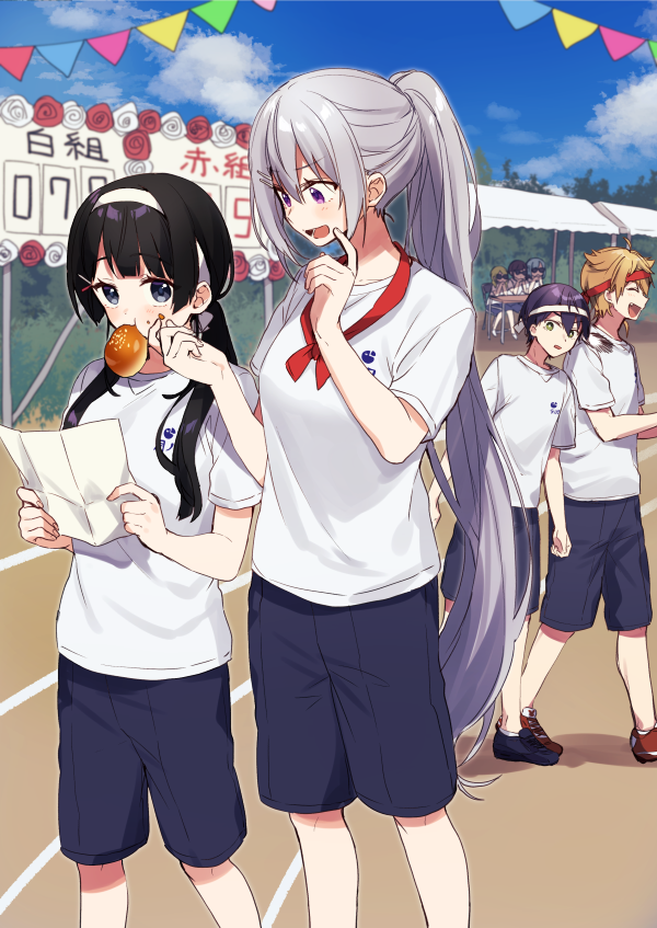 2boys 5girls bangs black_hair black_shorts blonde_hair blue_hair blue_sky blush bread breasts brown_hair character_request closed_eyes clouds day eating eyebrows_visible_through_hair flower food food_in_mouth fushimi_gaku green_eyes hair_between_eyes hair_ornament hairclip higuchi_kaede holding kenmochi_touya mouth_hold multiple_boys multiple_girls nijisanji outdoors pennant ponytail purple_hair red_flower red_rose rose shirt shorts sidelocks silver_hair sitting sky small_breasts standing string_of_flags sunglasses translated tsukino_mito violet_eyes virtual_youtuber white_flower white_rose white_shirt yamabukiiro
