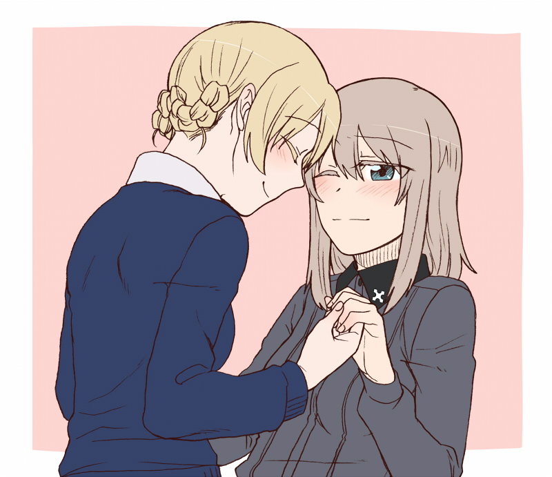 2girls blonde_hair blue_sweater blush braid closed_eyes closed_mouth commentary darjeeling dress_shirt eyebrows_visible_through_hair eyes_visible_through_hair forehead-to-forehead girls_und_panzer grey_shirt half-closed_eye holding_hands insignia itsumi_erika kuromorimine_school_uniform looking_at_another multiple_girls one_eye_closed outside_border pink_background school_uniform shirt short_hair smile st._gloriana's_school_uniform sweater tied_hair torinone white_shirt yuri