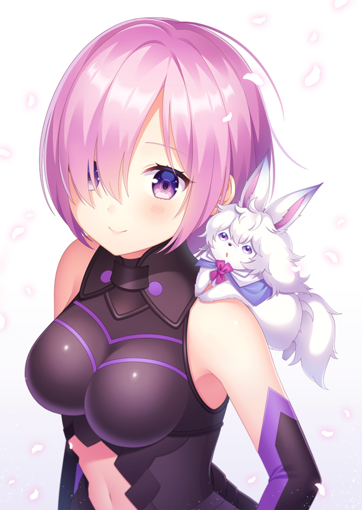 1girl :o armor armored_dress black_dress black_gloves blush breasts commentary_request dress elbow_gloves eyebrows_visible_through_hair fate/grand_order fate_(series) fou_(fate/grand_order) gloves gradient gradient_background grey_background hair_over_one_eye large_breasts looking_at_viewer mash_kyrielight navel parted_lips petals pink_hair short_hair sidelocks sleeveless sleeveless_dress smile upper_body violet_eyes white_background yamayu
