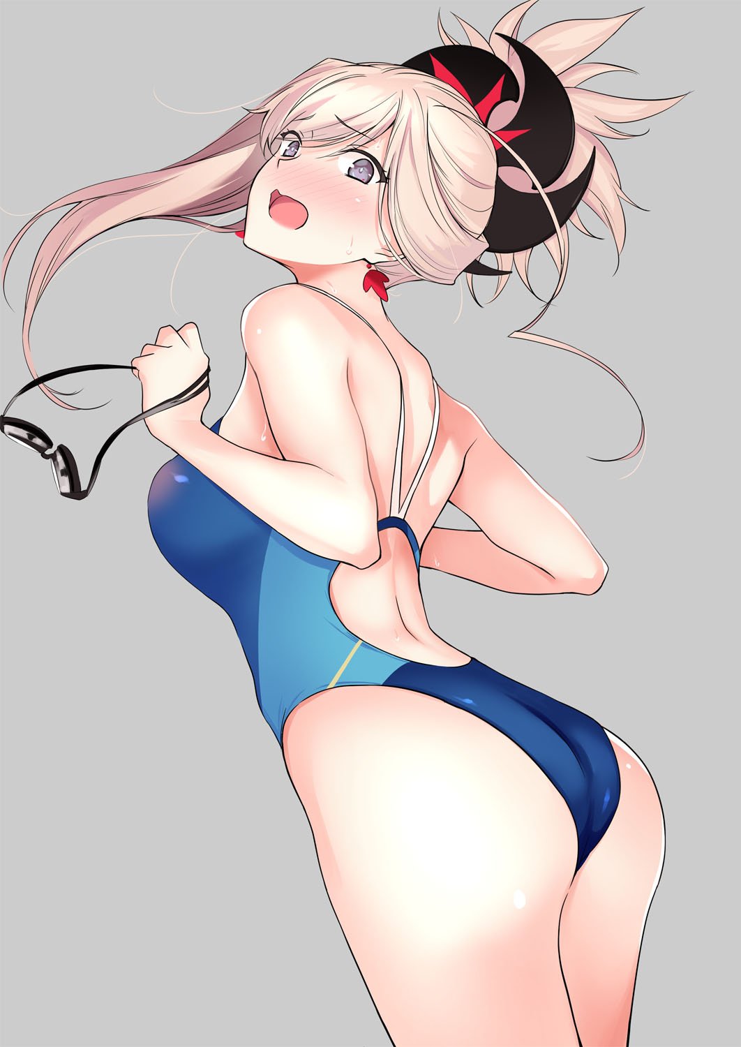 1girl ass asymmetrical_hair blue_eyes blue_swimsuit commentary_request competition_swimsuit earrings fate/grand_order fate_(series) goggles goggles_removed grey_background hair_ornament highres holding_goggles jewelry miyamoto_musashi_(fate/grand_order) one-piece_swimsuit open_mouth pink_hair ponytail simple_background solo swimsuit yoshiki360