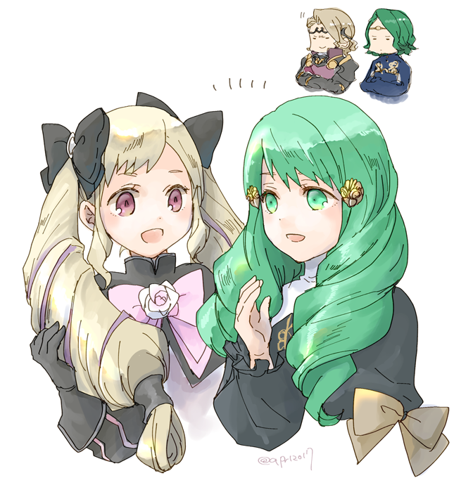 2boys 2girls adult black_bow black_gloves blonde_hair bow brother_and_sister circlet closed_mouth crossed_arms elise_(fire_emblem) elise_(fire_emblem_if) fire_emblem fire_emblem:_three_houses fire_emblem:_three_houses fire_emblem_fates fire_emblem_heroes fire_emblem_if flayn_(fire_emblem) gloves green_eyes green_hair hair_bow hair_ornament intelligent_systems loli long_hair long_sleeves multicolored_hair multiple_boys multiple_girls nintendo open_mouth pink_bow purple_hair robaco seteth_(fire_emblem) short_hair siblings simple_background smile super_smash_bros. twintails twitter_username violet_eyes white_background xander_(fire_emblem)
