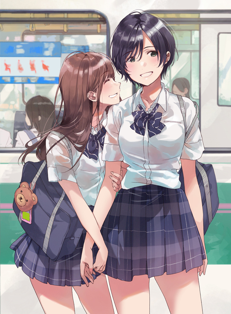 2girls arm_hug bag black_hair bow bowtie brown_hair closed_eyes day duffel_bag fly_(marguerite) green_eyes grin long_hair multiple_girls original plaid plaid_skirt pleated_skirt school_uniform see-through shirt short_hair sideways_mouth skirt smile summer wet wet_clothes wet_shirt