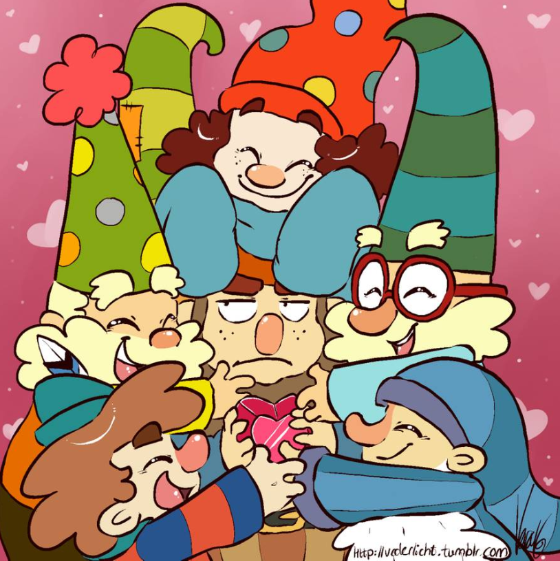 annoyed bashful_(the_7d) beard blonde_hair brown_hair cone_hat curly_hair deviantart disney doc_(the_7d) dopey_(the_7d) feather freckles gem glasses gradient_background grumpy_(the_7d) happy_(the_7d) hat heart-shaped_gem hug hugging nose_blush polka_dot_hat red_frame_glasses scraf signature sleepy_(the_7d) sleeves_past_fingers sleeves_past_wrists smile sneezy_(the_7d) snow_white_and_the_seven_dwarfs striped_shirt striped_sweater the_7d turtleneck turtleneck_sweater web_address