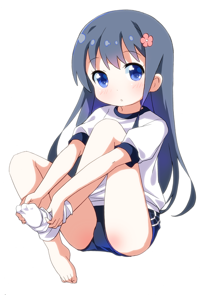 1girl bangs black_hair blue_buruma blue_eyes blush buruma dressing eyebrows_visible_through_hair flower full_body gym_uniform hair_flower hair_ornament leg_up long_hair looking_at_viewer open_mouth pink_flower ratryu shiny shiny_hair shirosaki_hana shirt short_sleeves simple_background single_sock sitting socks solo watashi_ni_tenshi_ga_maiorita! white_background white_legwear white_shirt