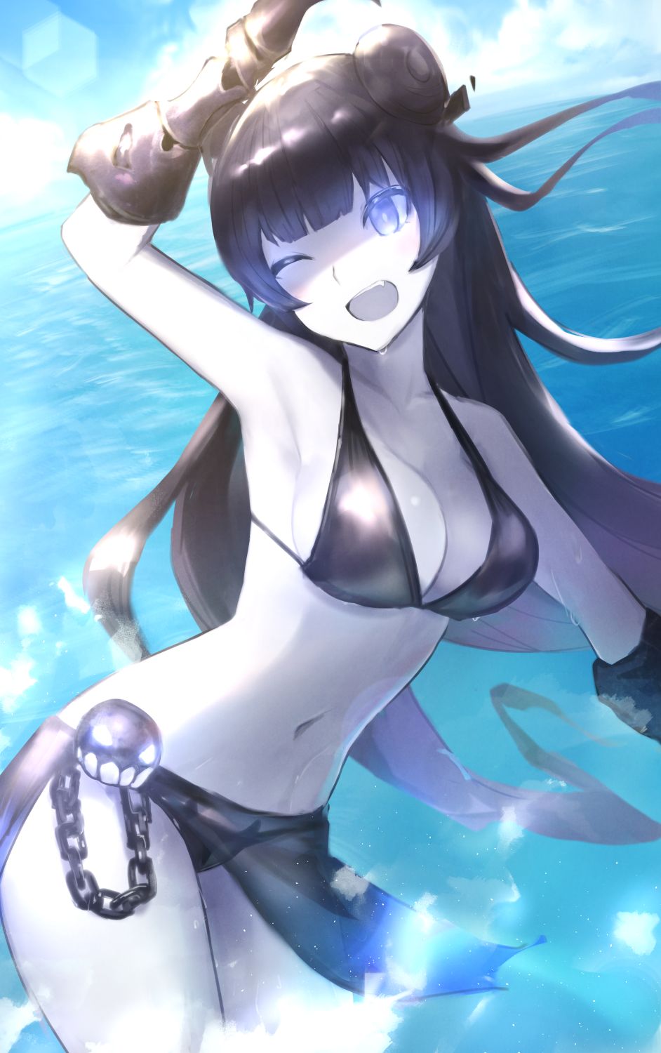 1girl bangs bikini bikini_bottom bikini_top black_bikini black_bikini_bottom black_bikini_top black_gloves black_hair breasts chain double_bun fang gauntlets gloves glowing glowing_eyes highres kantai_collection lens_flare light_cruiser_oni long_hair medium_breasts navel ocean one_eye_closed open_mouth pale_skin shaded_face shinkaisei-kan shiny shiny_clothes sidelocks smile solo standing standing_on_liquid sunlight swimsuit weasel_(close-to-the-edge) wet wet_clothes white_skin