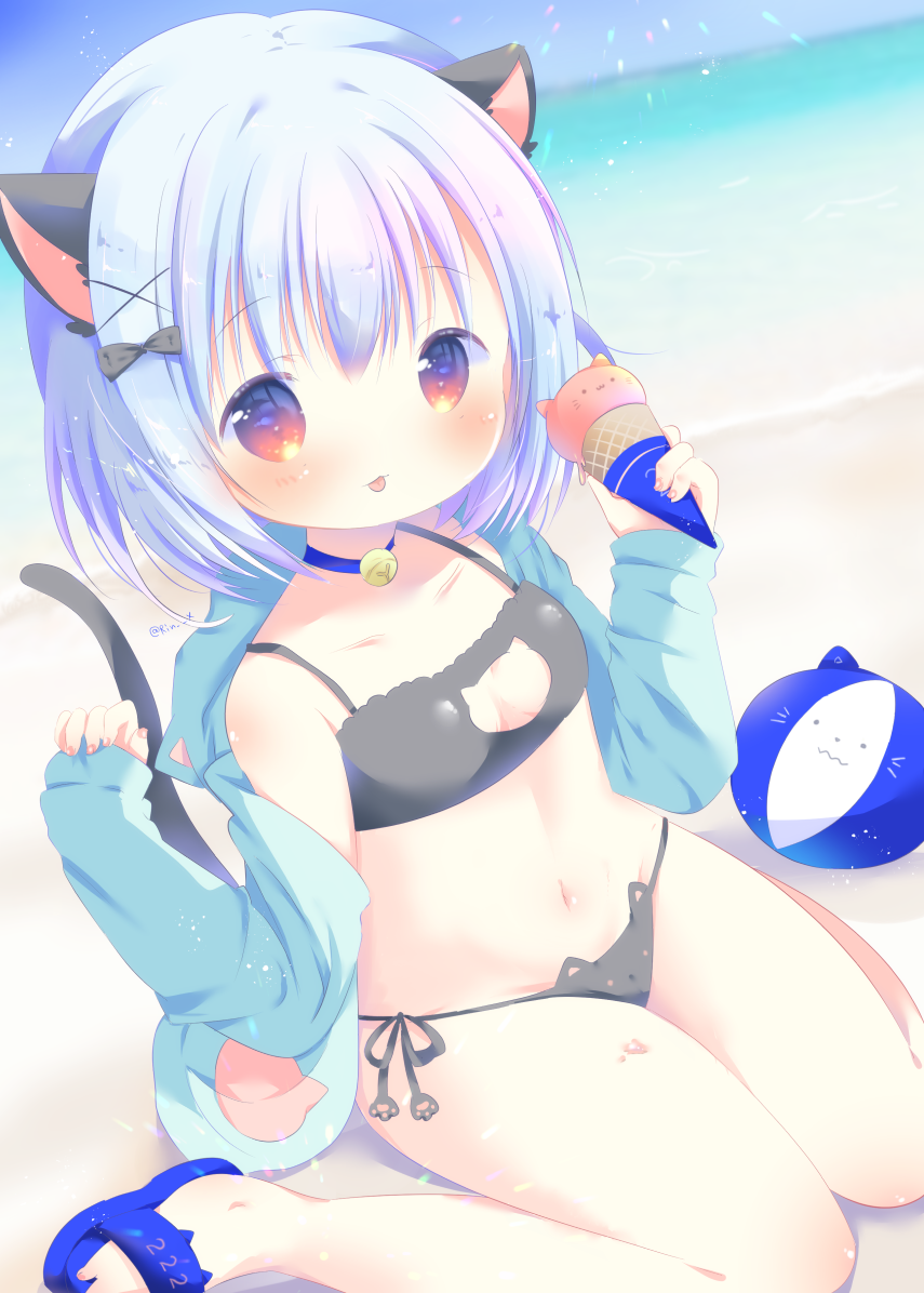1girl animal_ears animal_hood ball bangs bare_shoulders beach beachball bell bell_choker bikini black_bikini blue_choker blue_footwear blue_hair blue_sky blurry blurry_background blush breasts cat_cutout cat_ears cat_girl cat_hood cat_tail choker cleavage_cutout closed_mouth collarbone commentary_request day depth_of_field dutch_angle eyebrows_visible_through_hair fake_animal_ears flip-flops food green_jacket hair_between_eyes hand_up holding holding_food hood hood_down hooded_jacket horizon ice_cream ice_cream_cone jacket jingle_bell long_sleeves ocean off_shoulder open_clothes open_jacket original outdoors red_eyes rin_(fuwarin) sandals side-tie_bikini sitting sky sleeves_past_wrists small_breasts solo swimsuit tail tongue tongue_out wariza water