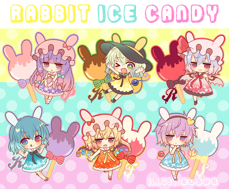 &gt;_o 6+girls :o ;d animal_ears animal_hat bangs bare_arms bare_shoulders black_bow black_headwear blonde_hair blue_dress blue_eyes blue_hair blunt_bangs blush bow bunny_hat candy chibi closed_mouth commentary_request dress eyebrows_visible_through_hair fake_animal_ears flandre_scarlet food green_bow green_eyes green_hair hair_between_eyes hat hat_bow heterochromia komeiji_koishi komeiji_satori long_hair marshmallow_mille mob_cap multicolored multicolored_background multiple_girls one_eye_closed open_mouth orange_dress parted_lips patchouli_knowledge pink_dress pink_headwear polka_dot polka_dot_background purple_bow purple_dress purple_hair rabbit_ears red_bow red_eyes remilia_scarlet sailor_collar sailor_dress siblings sisters sleeveless sleeveless_dress smile striped striped_bow tatara_kogasa third_eye touhou very_long_hair violet_eyes white_sailor_collar yellow_bow yellow_dress