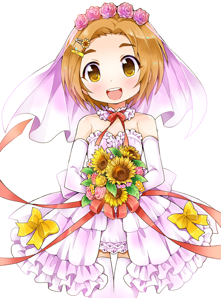 1girl back_bow bare_shoulders blush bouquet bow brown_eyes brown_hair collarbone dress elbow_gloves flat_chest flower gloves hair_flower hair_ornament hairclip hands_together hands_up holding idolmaster idolmaster_cinderella_girls looking_at_viewer neck_ribbon open_mouth pink_flower ratryu red_flower red_neckwear red_ribbon red_rose ribbon rose ryuuzaki_kaoru shiny shiny_hair shiny_skin short_hair simple_background smile solo standing strapless strapless_dress sunflower teeth thigh-highs thigh_gap veil wedding_dress white_background white_dress white_flower white_gloves white_legwear yellow_bow yellow_flower zettai_ryouiki