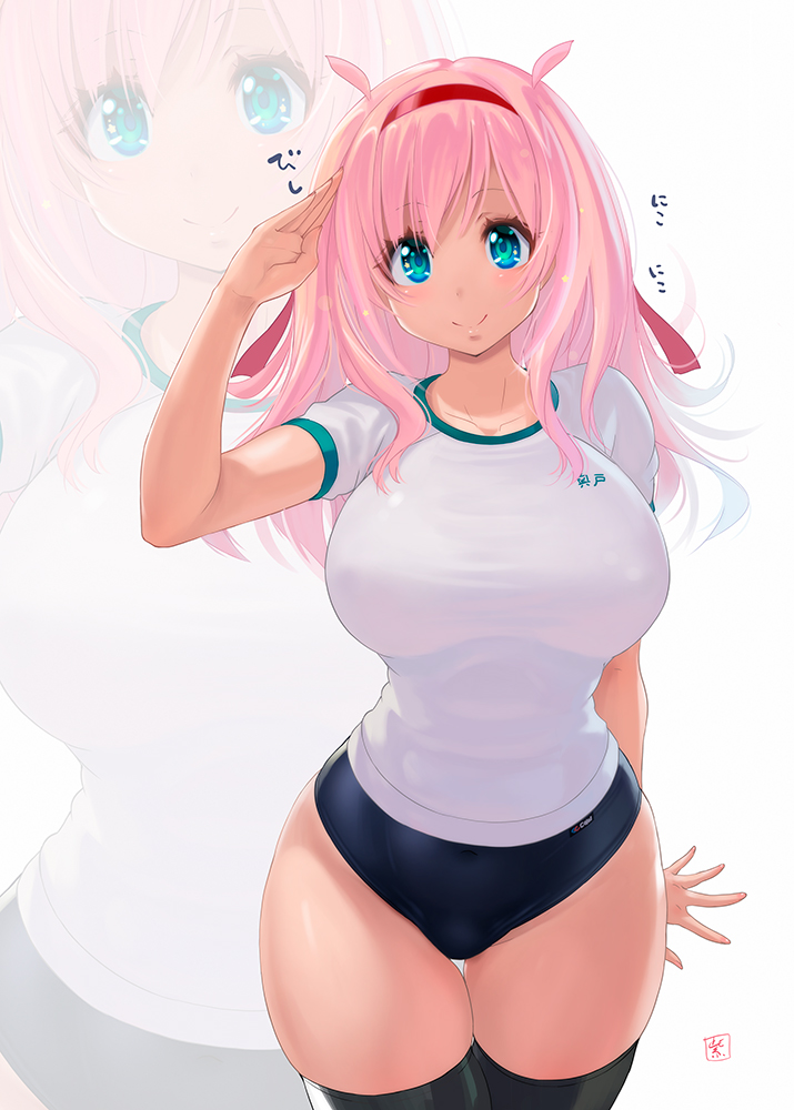 1girl blue_buruma blue_eyes blush breasts buruma closed_mouth covered_nipples gym_uniform large_breasts long_hair looking_at_viewer murasaki_nyaa original pink_hair salute smile solo standing thigh-highs uniform wavy_hair zoom_layer