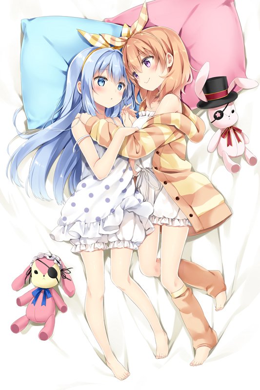 2girls :o bangs bare_arms bare_shoulders barefoot bed_sheet black_hairband black_headwear bloomers blue_eyes blue_hair blush brown_hair brown_legwear closed_mouth commentary_request dress ears_through_headwear eye_contact eyebrows_visible_through_hair eyepatch frilled_hairband frills gochuumon_wa_usagi_desu_ka? hair_between_eyes hair_ribbon hairband hat hood hood_down hooded_jacket hoto_cocoa jacket kafuu_chino kneehighs long_hair long_sleeves looking_at_another lying multiple_girls natsume_eri off_shoulder on_back on_side open_clothes open_jacket parted_lips pink_nails polka_dot polka_dot_dress ribbon sleeveless sleeveless_dress smile striped striped_jacket striped_ribbon stuffed_animal stuffed_bunny stuffed_toy toeless_legwear toenail_polish toenails top_hat underwear very_long_hair violet_eyes white_bloomers white_dress yuri