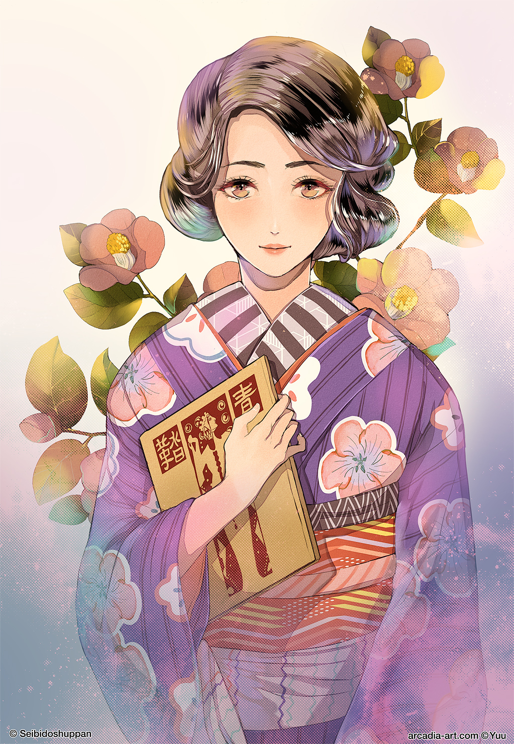 1girl bangs brown_background brown_eyes brown_flower brown_hair closed_mouth commentary_request floral_print flower highres holding japanese_clothes kimono lips long_sleeves looking_at_viewer obi original parted_bangs print_kimono purple_kimono sash short_hair solo twitter_username watermark wide_sleeves yuu_(arcadia)