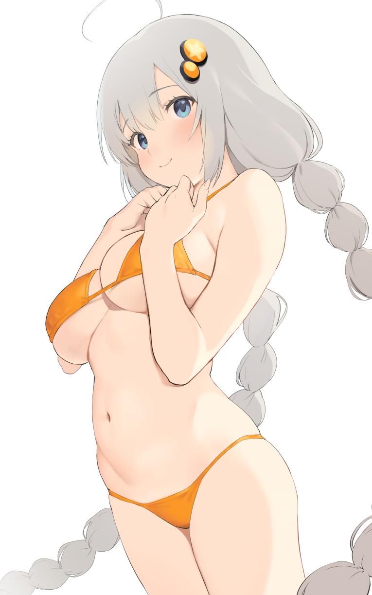 1girl ahoge bangs bare_arms bare_shoulders blue_eyes blush braid breasts closed_mouth commentary_request cowboy_shot eyebrows_visible_through_hair hair_ornament hands_on_own_chest highres kizuna_akari large_breasts long_hair looking_at_viewer navel nekoshoko orange:bikini silver_hair simple_background skindentation smile solo star stomach string_bikini thighs twin_braids under_boob very_long_hair voiceroid white_background