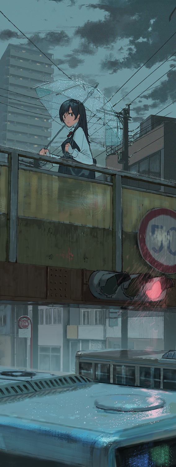 1girl bag black_eyes black_hair bridge building bus city clouds fujibejifu grey_sky ground_vehicle highres long_hair motor_vehicle nanami_touko outdoors power_lines rain school_uniform shoulder_bag skyscraper solo traffic_light umbrella yagate_kimi_ni_naru