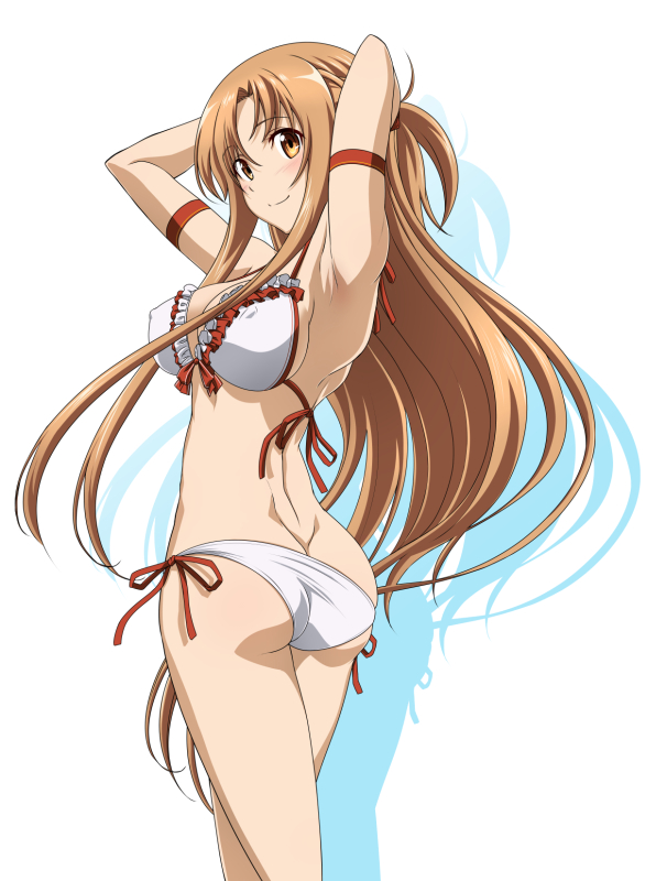 1girl a-1_pictures armpits arms_up ascii_media_works ass asuna_(sao) bare_shoulders bikini breasts brown_eyes brown_hair commentary_request cute erect_nipples eyebrows_visible_through_hair from_side large_breasts long_hair looking_at_viewer mutou_keiji side-tie_bikini simple_background smile solo swimsuit sword_art_online tokyo_mx white_background white_bikini yuuki_asuna